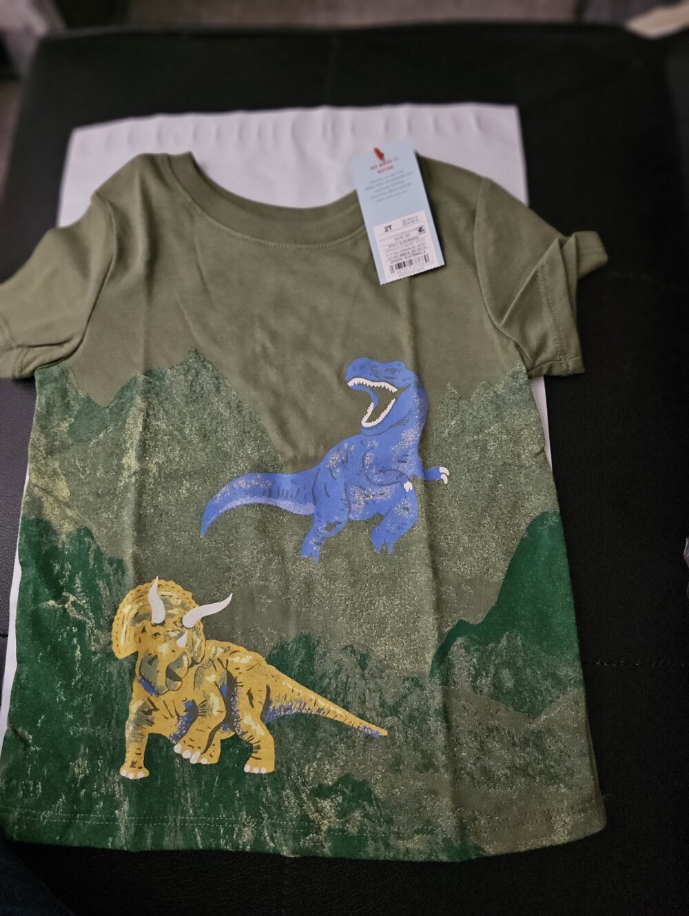 Cat & Jack Olive Green Tee with Blue and Yellow Dinosaurs